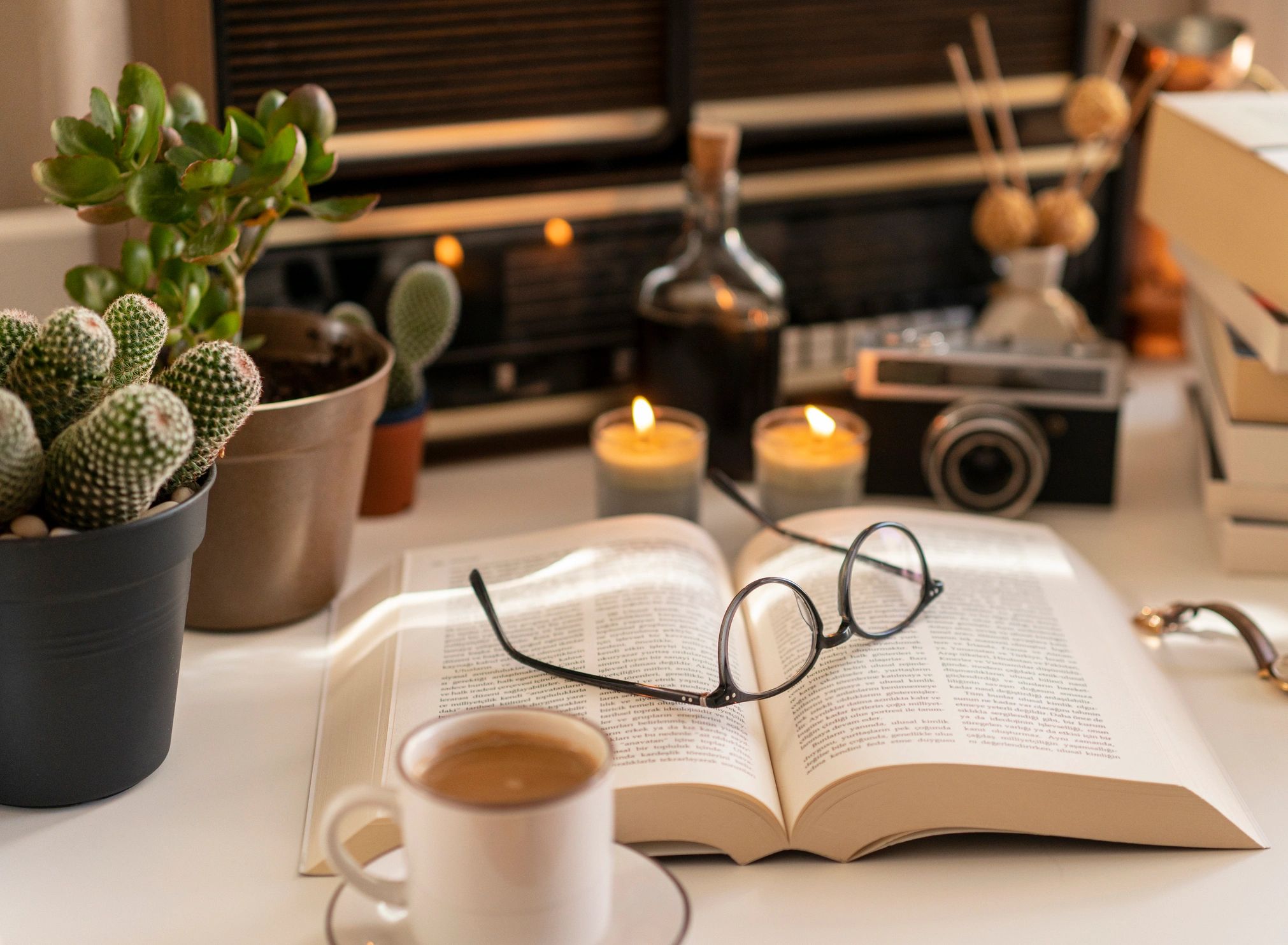 Stack of books in a cozy home interior