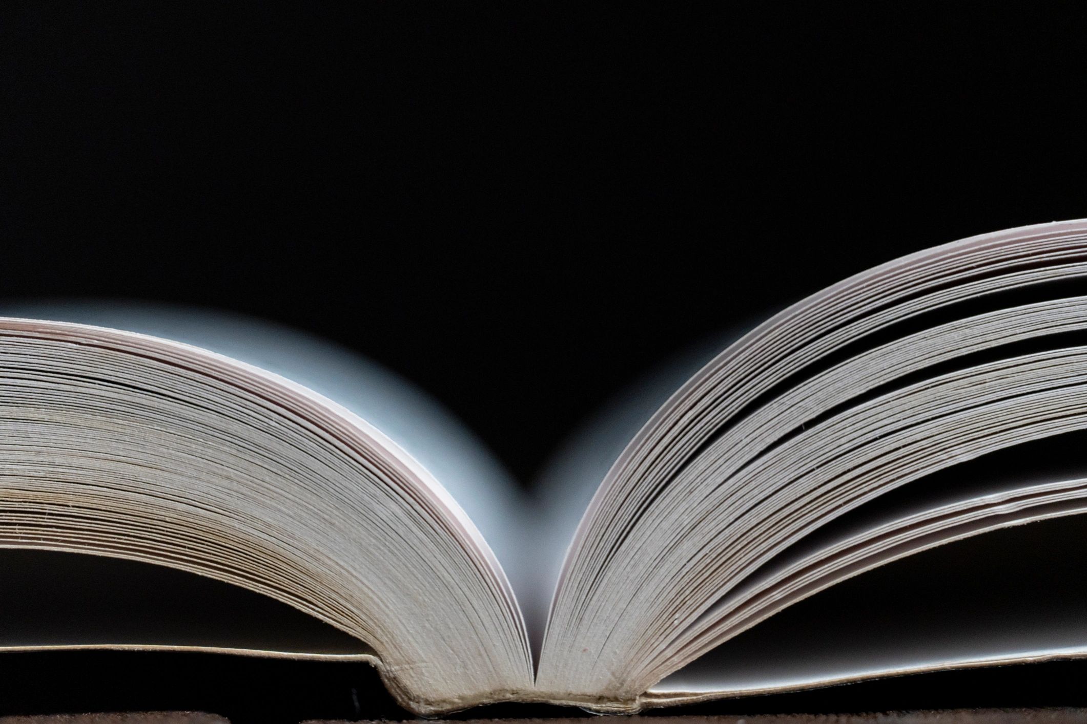 Open book with curved pages on a dark background